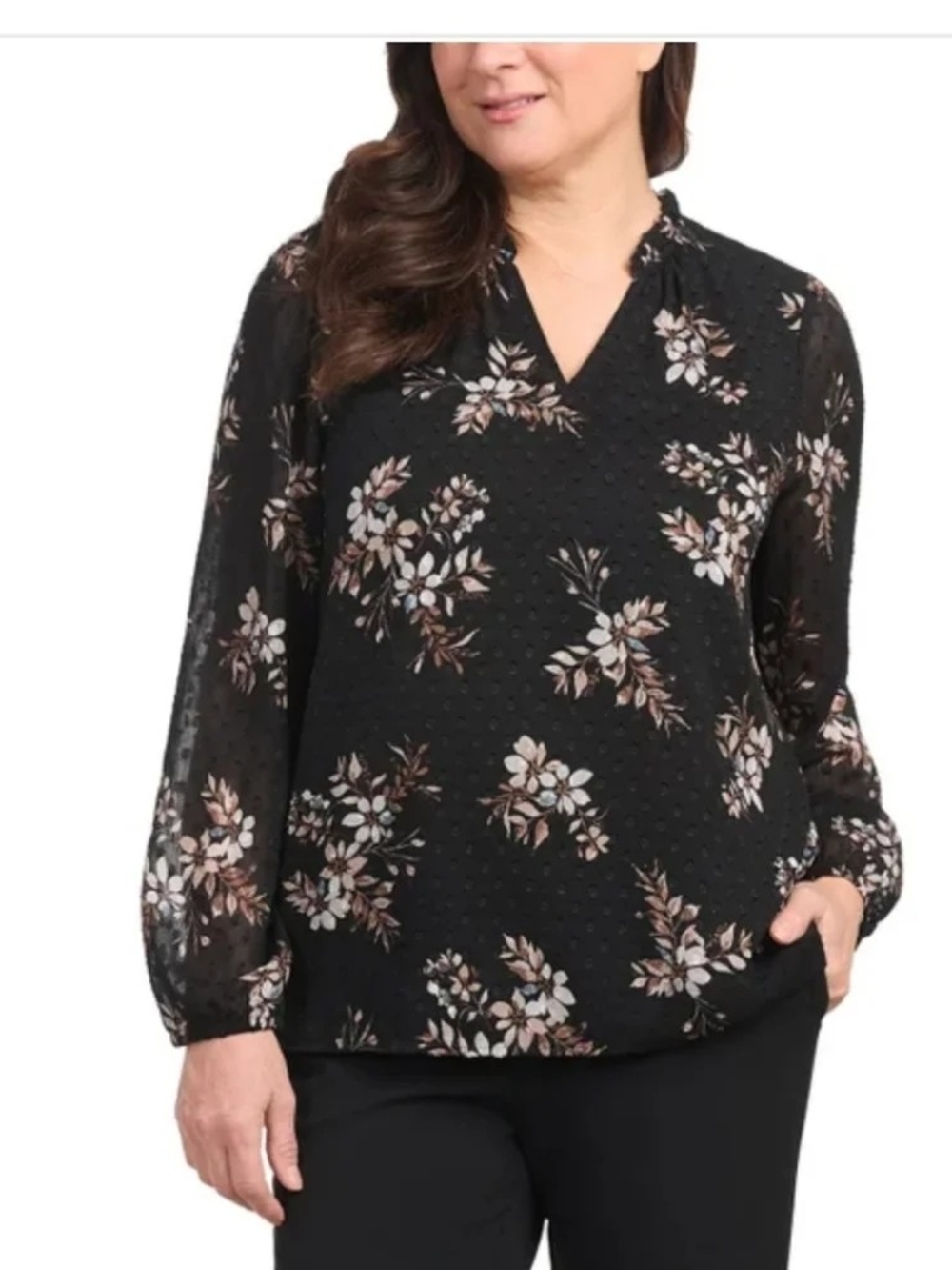 Hilary Radley Ruffled Floral Long Sleeve Sheer Chiffon Top Sz XXL